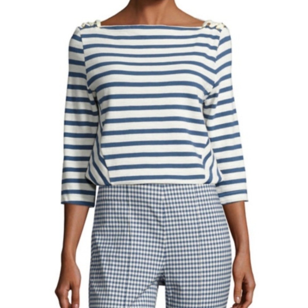 Veronica Beard Lincoln Mariner Blue Striped Knit Top Size XS Lace Up Shoulder